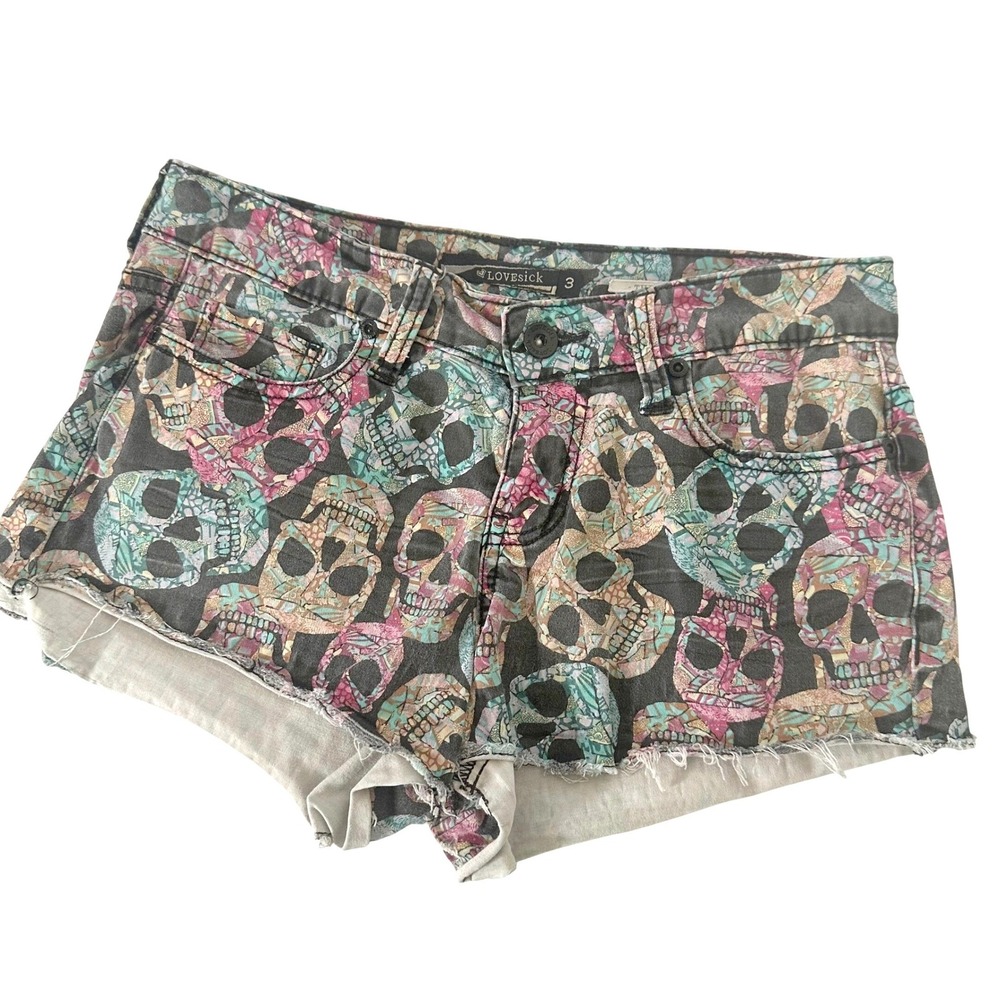 Lovesick Skull Print Denim Shorts Size 3 Low Rise Multi-Color Raw Hem Cut-Offs